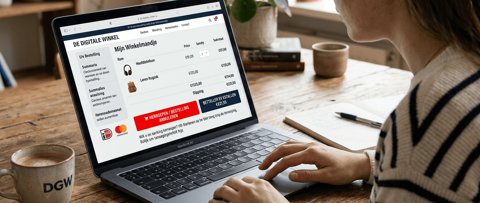 Woman using laptop with online shopping cart items displayed